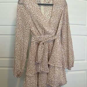 BiBi Cream Mini Wrap Dress with Brown Dot Print